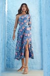 Buy_Jodi_Blue Satin Silk Zenia Floral Print Slit Dress_at_Aza_Fashions