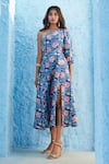 Jodi_Blue Satin Silk Printed Floral Motifs Zenia Slit Dress  _Online_at_Aza_Fashions