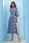 Buy_Jodi_Blue Satin Silk Printed Floral Motifs Zenia Slit Dress  _Online_at_Aza_Fashions