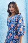 Jodi_Blue Satin Silk Printed Floral Motifs Zenia Slit Dress  _at_Aza_Fashions