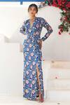 Buy_Jodi_Blue Satin Silk Printed Floral Motifs Anar Draped Gown  _Online_at_Aza_Fashions