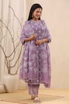 Kameez_Purple Cotton, Organza, Chanderi Floral Motifs Notched Opera Print Kurta Set _Online_at_Aza_Fashions