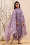 Shop_Kameez_Purple Cotton, Organza, Chanderi Floral Motifs Notched Opera Print Kurta Set _Online_at_Aza_Fashions