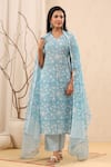 Kameez_Blue Cotton Printed Floral Motifs V Neck Vivid Sky Kurta Set _Online_at_Aza_Fashions