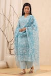 Buy_Kameez_Blue Cotton Printed Floral Motifs V Neck Vivid Sky Kurta Set _Online_at_Aza_Fashions