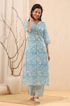 Shop_Kameez_Blue Cotton Printed Floral Motifs V Neck Vivid Sky Kurta Set _Online_at_Aza_Fashions