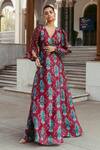 Buy Jodi Red Mulberry Silk Bead Work, Block Print V Neck Samode Hand Wrap Gown at Aza Fashions Buy_Jodi_Red Mulberry Silk Bead Work, Block Print V Neck Samode Hand Wrap Gown_at_Aza_Fashions