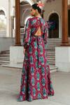 Shop Jodi Red Mulberry Silk Bead Work, Block Print V Neck Samode Hand Wrap Gown at Aza Fashions Shop_Jodi_Red Mulberry Silk Bead Work, Block Print V Neck Samode Hand Wrap Gown_at_Aza_Fashions