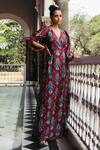 Jodi Red Mulberry Silk Bead Work, Block Print V Neck Samode Hand Wrap Gown Online at Aza Fashions Jodi_Red Mulberry Silk Bead Work, Block Print V Neck Samode Hand Wrap Gown_Online_at_Aza_Fashions