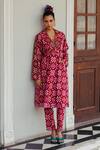 Buy_Jodi_Red Cotton Silk Bead Work, Block Print, Ahilya Trench Jacket And Pant Set_at_Aza_Fashions