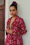 Jodi_Red Cotton Silk Bead Work, Block Print, Ahilya Trench Jacket And Pant Set_at_Aza_Fashions