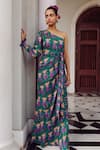 Buy Jodi Green Satin Silk Bead Work, Block Print, Sequins One Shoulder Mahbub Gown at Aza Fashions Buy_Jodi_Green Satin Silk Bead Work, Block Print, Sequins One Shoulder Mahbub Gown_at_Aza_Fashions
