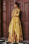 Jodi_Yellow Silk Bead Work, Block Print, Sequins V Neck Sariska Lehenga Set_Online_at_Aza_Fashions