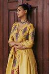 Buy_Jodi_Yellow Silk Bead Work, Block Print, Sequins V Neck Sariska Lehenga Set_Online_at_Aza_Fashions