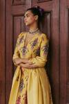 Buy_Jodi_Yellow Silk Bead Work, Block Print, Sequins V Neck Sariska Blouse _Online_at_Aza_Fashions