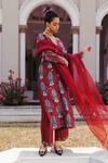 Jodi_Red Mulberry Silk Bead Work, Block Print, Sequins Tajdar Kurta And Pant Set_Online_at_Aza_Fashions