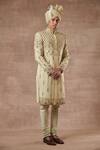 Buy_Gargee Designers_Green Cotton Silk Floral Embroidered Sherwani Set_at_Aza_Fashions