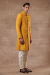 Buy_Gargee Designers_Yellow Cotton Silk, Poly Viscose Full Sleeve Sherwani Set _at_Aza_Fashions