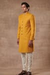 Gargee Designers_Yellow Cotton Silk, Poly Viscose Full Sleeve Sherwani Set _Online_at_Aza_Fashions