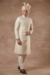 Buy_Gargee Designers_White Cotton , Brocade Floral Sherwani Set _at_Aza_Fashions