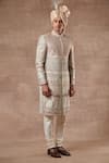 Buy_Gargee Designers_Grey Raw , Cotton Mughal Embroidered Sherwani Set _at_Aza_Fashions