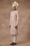 Buy_Gargee Designers_Peach , Cotton Floral Embroidered Sherwani Set _Online_at_Aza_Fashions