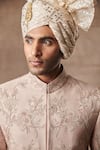 Gargee Designers_Peach , Cotton Floral Embroidered Sherwani Set _at_Aza_Fashions