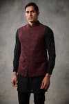 Shop_Gargee Designers_Maroon Chanderi , Cotton Floral Bundi And Kurta Set _Online_at_Aza_Fashions