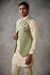 Shop_Gargee Designers_Green Silk Jacquard Embroidered Bundi And Kurta Set_Online_at_Aza_Fashions