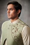 Gargee Designers_Green Silk Jacquard Embroidered Bundi And Kurta Set_at_Aza_Fashions