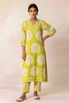 Shivani Bhargava_Yellow Kurta Handloom Cotton Printed Floral V Neck Bahaar And Pant Set _Online_at_Aza_Fashions