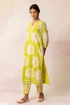 Buy_Shivani Bhargava_Yellow Kurta Handloom Cotton Printed Floral V Neck Bahaar And Pant Set _at_Aza_Fashions