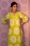 Shop_Shivani Bhargava_Yellow Kurta Handloom Cotton Printed Floral V Neck Bahaar And Pant Set _Online_at_Aza_Fashions