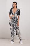 Buy_Bohame_Grey Crepe Printed Tie And Dye V Neck Arcadia & Pant Saree Set _at_Aza_Fashions