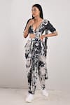 Bohame_Grey Crepe Printed Tie And Dye V Neck Arcadia & Pant Saree Set _Online_at_Aza_Fashions