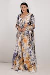 Buy_Bohame_Beige Crepe Printed Tie And Dye Square Neck Irina & Pre-draped Saree Set _at_Aza_Fashions