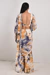 Shop_Bohame_Beige Crepe Printed Tie And Dye Square Neck Irina & Pre-draped Saree Set _at_Aza_Fashions