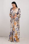 Bohame_Beige Crepe Printed Tie And Dye Square Neck Irina & Pre-draped Saree Set _Online_at_Aza_Fashions