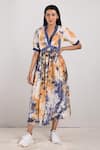 Buy_Bohame_Beige Crepe Printed Tie And Dye V Neck Seren & Dress _at_Aza_Fashions