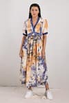 Bohame_Beige Crepe Printed Tie And Dye V Neck Seren & Dress _Online_at_Aza_Fashions