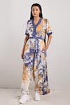 Bohame_Beige Crepe Printed Tie And Dye V Neck Nora & Jumpsuit Saree _Online_at_Aza_Fashions