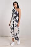 Bohame_White Crepe Printed Tie And Dye Asymmetric Vivian & One Shoulder Dress _Online_at_Aza_Fashions