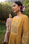 Buy_Kritika Dawar_Yellow Kurta Kota Chanderi, Pant Cotton Floral Motifs Round And Set _Online_at_Aza_Fashions