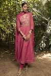 Buy_Kritika Dawar_Pink Anarkali Tissue Chanderi Embroidered Floral Motifs V Neck Hand Set _at_Aza_Fashions