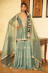 Buy_Kritika Dawar_Green Kurta And Dupatta Tissue, Sharara Foil Georgette Hand Embroidered Set _at_Aza_Fashions
