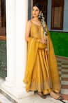 Buy_Kritika Dawar_Yellow Anarkali And Pant Silk Embroidered Floral Motifs V Neck Zari Set _at_Aza_Fashions