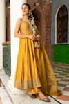 Kritika Dawar_Yellow Anarkali And Pant Silk Embroidered Floral Motifs V Neck Zari Set _Online_at_Aza_Fashions