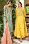 Buy_Kritika Dawar_Yellow Kurta Linen Silk Embroidered Floral Motifs Notched Gota Palazzo Set _Online_at_Aza_Fashions