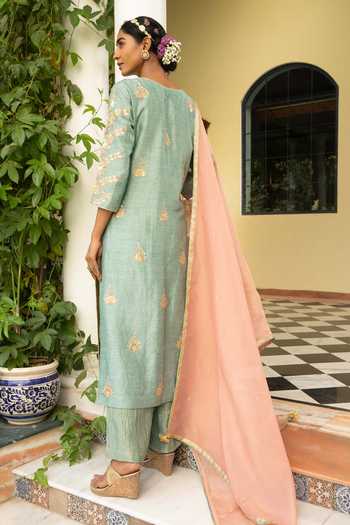 Shop_Kritika Dawar_Blue Dupatta And Pant Tissue, Kurta Linen Silk Gota Embroidered Palazzo Set _at_Aza_Fashions