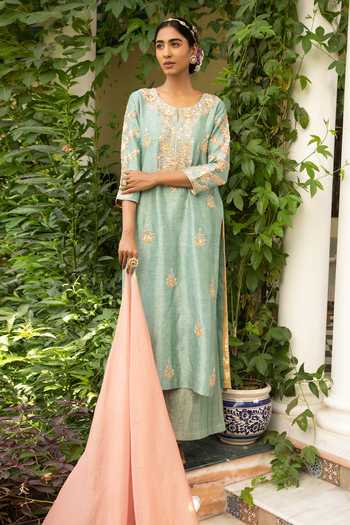 Kritika Dawar_Blue Dupatta And Pant Tissue, Kurta Linen Silk Gota Embroidered Palazzo Set _Online_at_Aza_Fashions